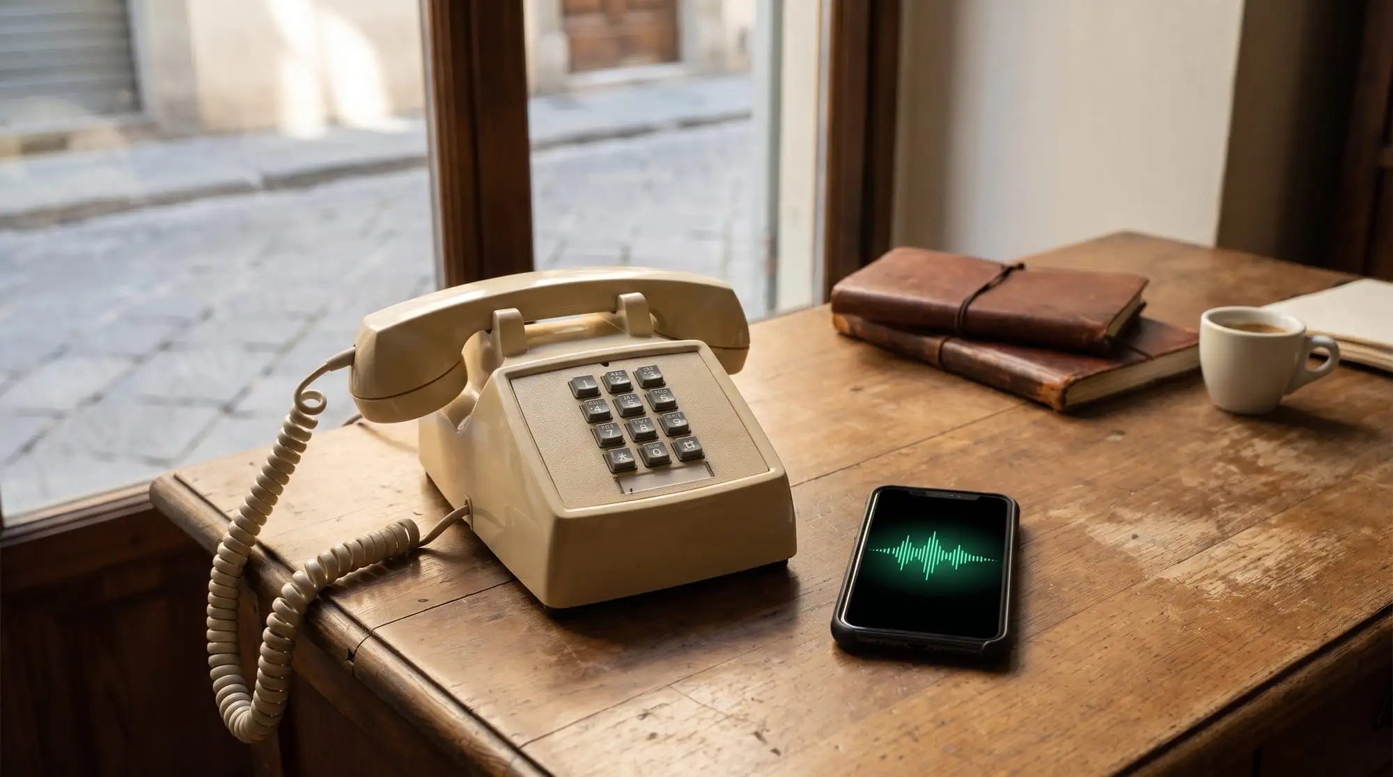 Un vecchio telefono da ufficio accanto a uno smartphone con l'onda della voce sullo schermo