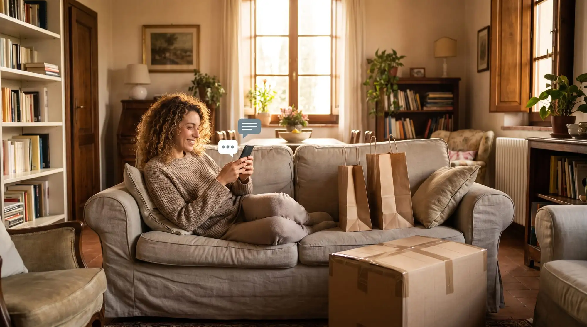 Una cliente compra online dal divano, con un pacco appena consegnato accanto