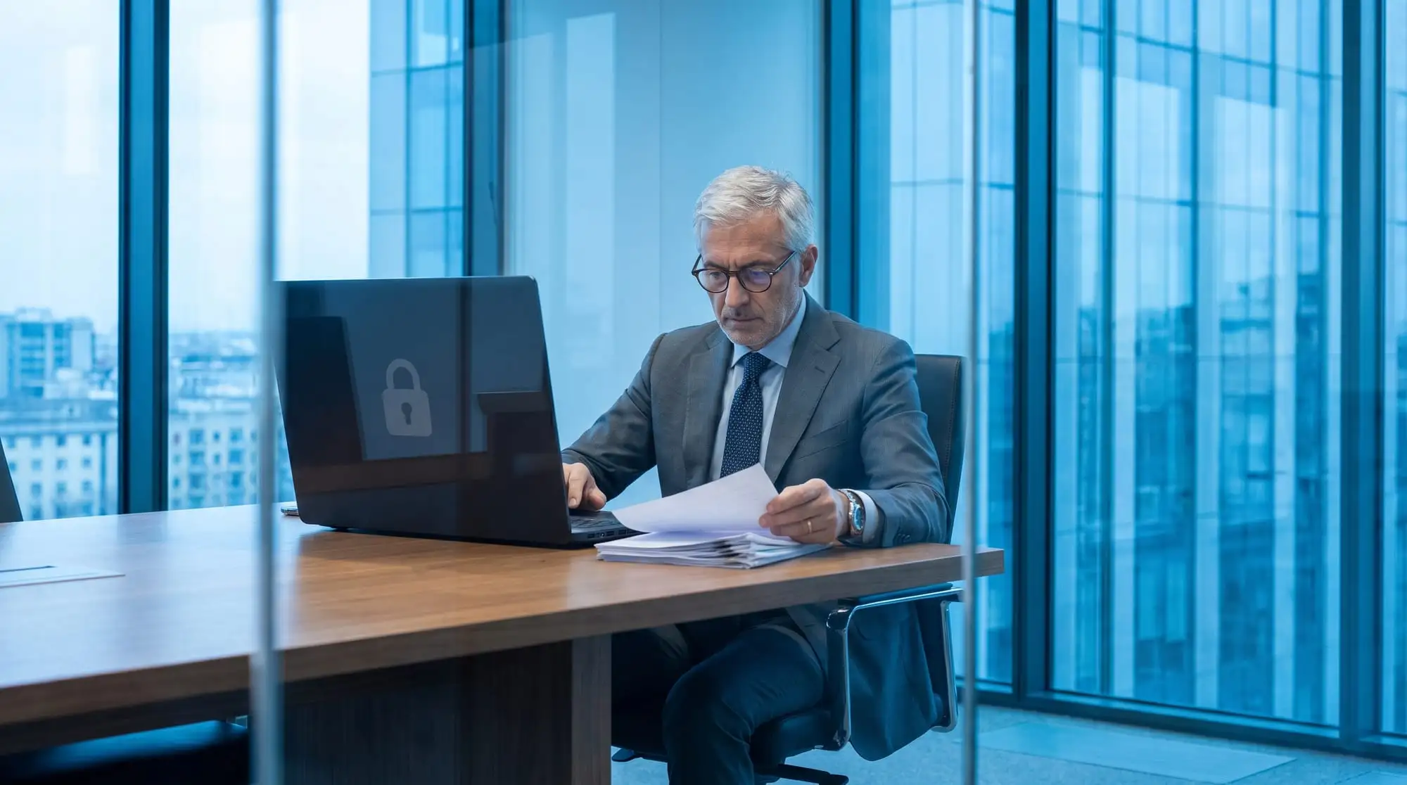 Una responsabile della privacy rilegge documenti in ufficio