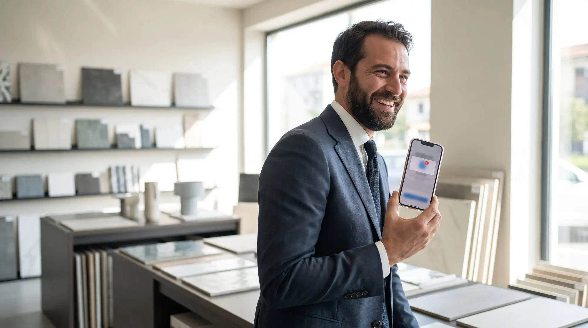 Un commerciale sorride leggendo la notifica di un nuovo contatto in showroom