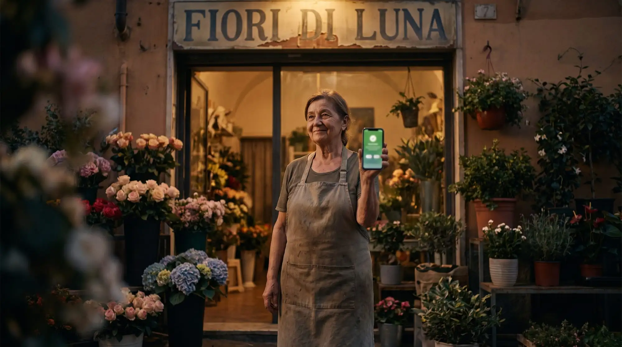La titolare di un negozio di fiori legge una chat WhatsApp sul telefono a fine giornata