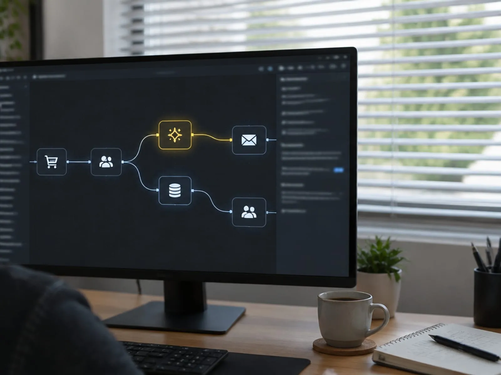 Sviluppatore davanti a un flusso di automazione che collega shop, CRM, email e AI