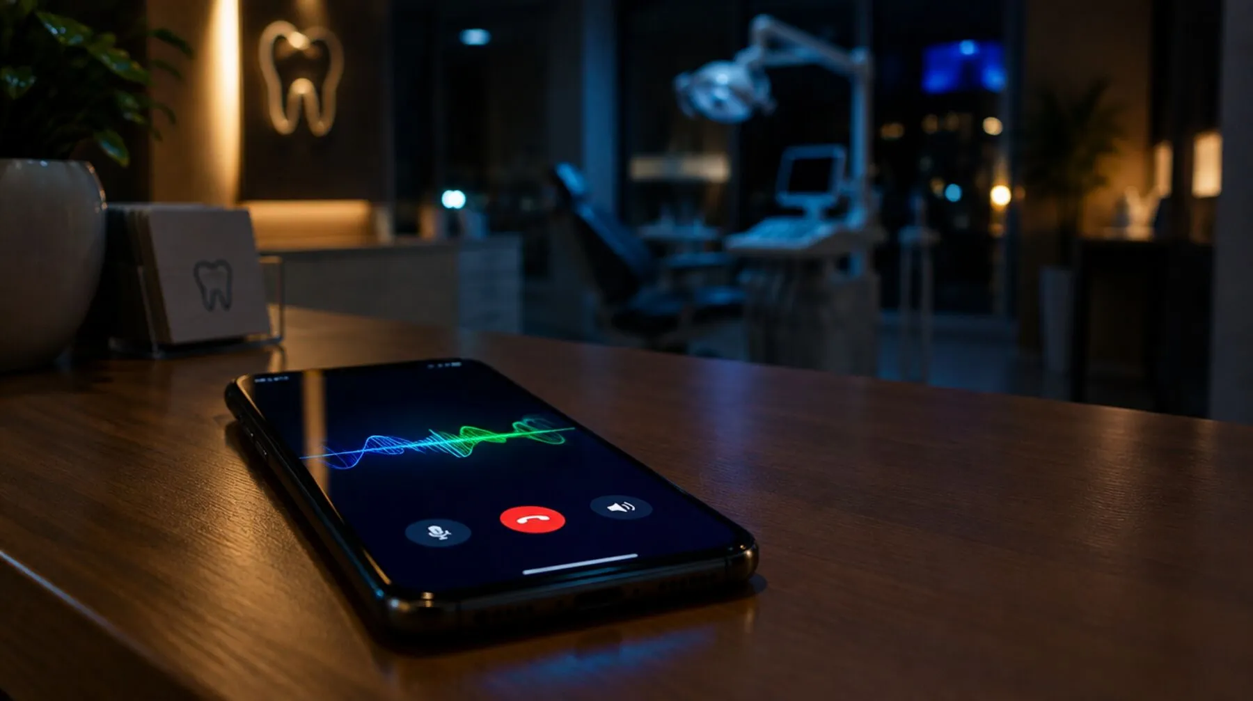 Uno smartphone con l'onda della voce sullo schermo, appoggiato sul bancone di uno studio chiuso