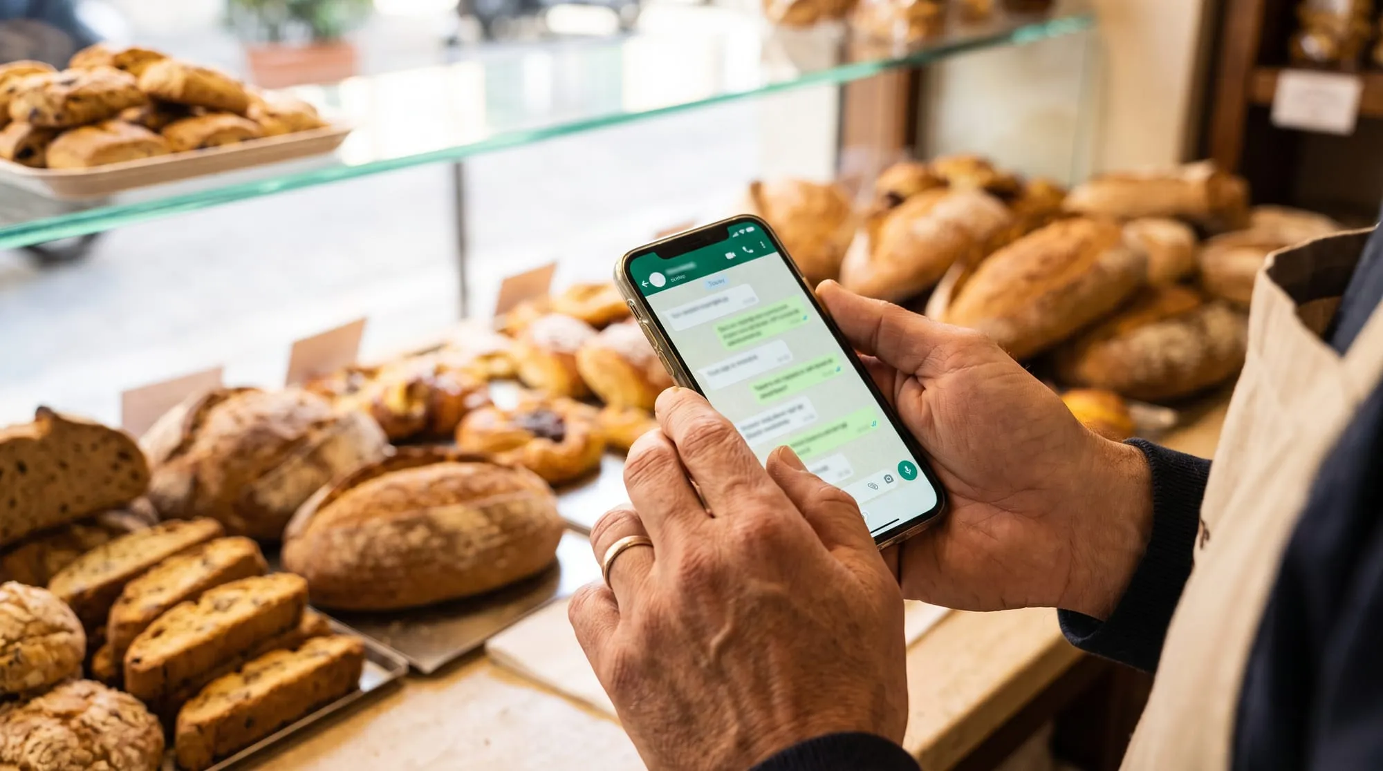 In una panetteria, le mani del titolare reggono il telefono con una chat su WhatsApp